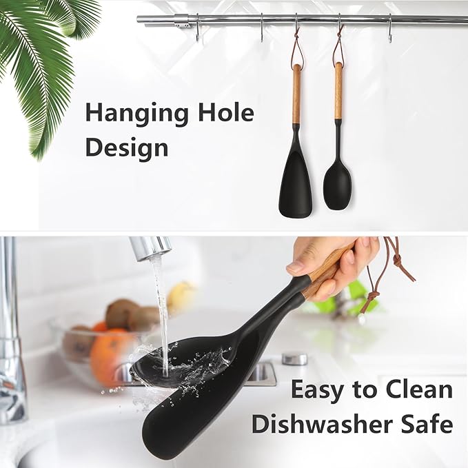 2 Pcs Silicone Spatula Spoon Set with Wood Handle - Kitchen Cooking Utensil for Non-Stick Pans, Mixing & Serving - Heat Resistant Flexible & Ladle for Cooking, Flipping, Stirring