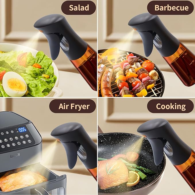 Olive Oil Sprayer for Cooking Glass, 200ml Olive Oil Dispenser Bottle Brown, Spray Bottles Oil Dispenser for Kitchen, Kitchen Gadgets for Salads, Grilling with 3 in 1 Cap Brush ＆ Straw Brush