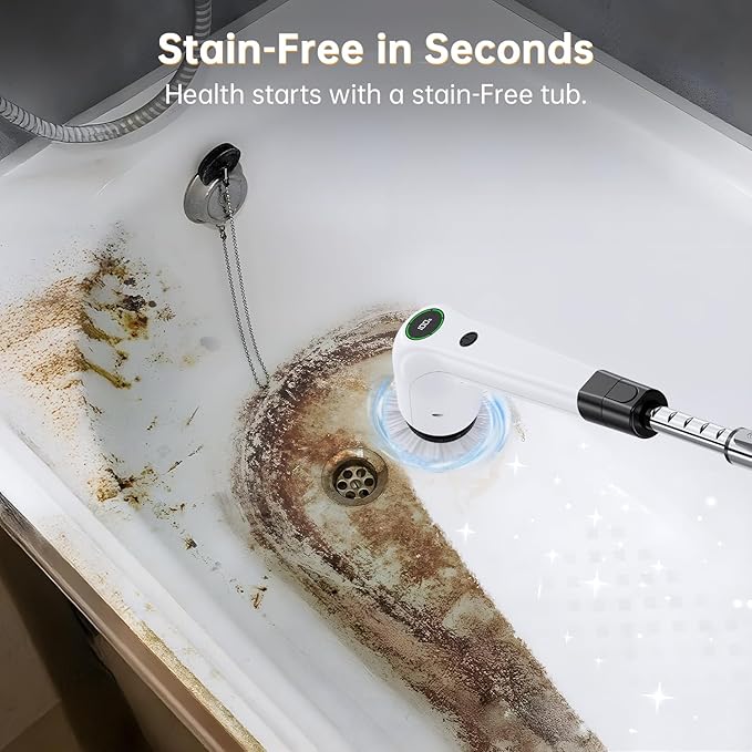 PUFTEM Electric Spin Scrubber, Cordless Shower Scrubber with 8 Scrub Brush, 2 Speed with Adjustable Extension Handle, Battery Level Display, Power Scrubber for Bathroom Bathtub Tile Floor (Black)