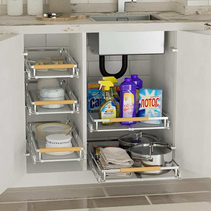 SANNO Pull Out Cabinet Organizer, Kitchen Sliding Shelf Under Sink Shelf, Expandable Drawer Shelves with Sliding Steel Metal Cabinet Drawers Slide Out, Chrome Finish，Expandable 12.1 to 18.4" W