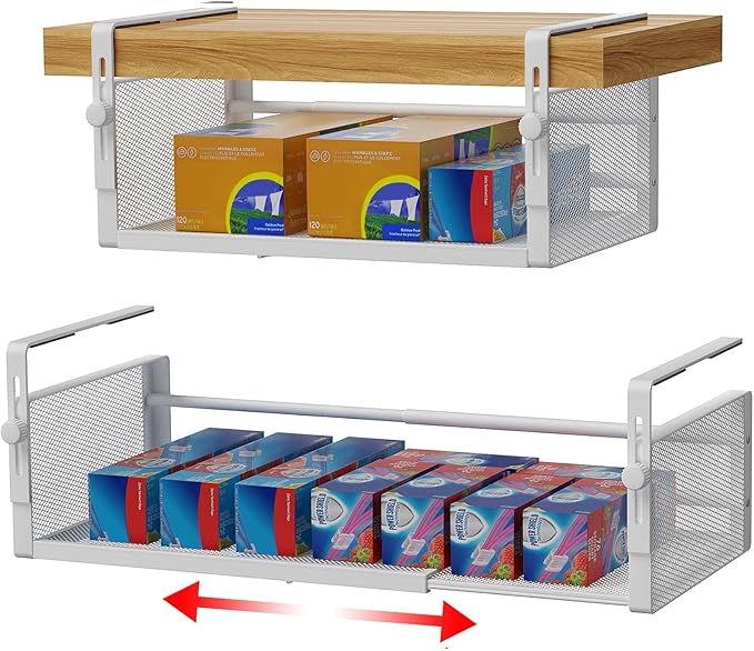 AmonHouseware 2Pack Under Shelf Basket, Adjustable Hanging Under Cabinet Shelf Storage, Hanging Holder Length Stretchable 14.9-22.6Inch for Kitchen Pantry Desk Counter Bookshelf Cupboard (White)