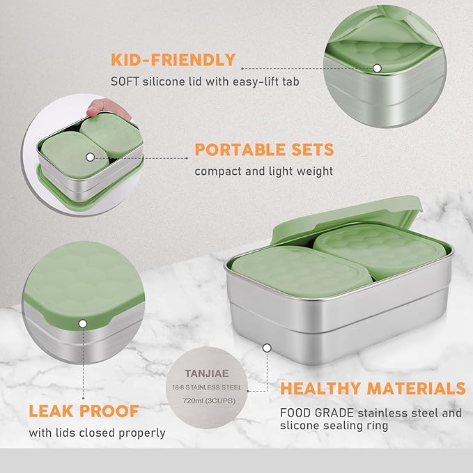 Tanjiae Stainless Steel Snack Containers for Kids | Easy Open Leak Proof Small Food Containers with Silicone Lids