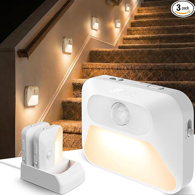 Lyridz Smart Sync Linkable Night Lights with 3-in-1 Charging Dock, Rechargeable Motion Sensor Nightlight, Dimmable Step Lights for Stairs, Hallway, Bathroom, Bedroom, Nursery, Pets, 3 Pack