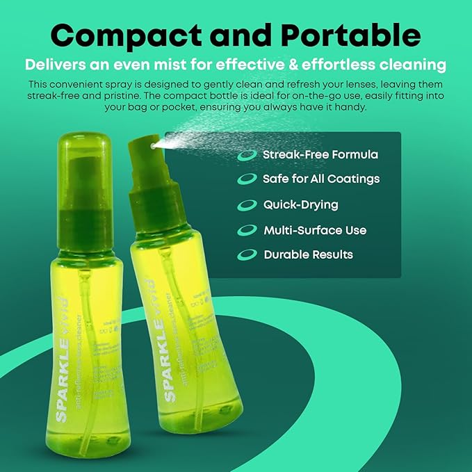 Sparkle Vivid Anti-Reflective Safe Lens Cleaner Spray Kit - (2) 2oz Glasses Cleaner Spray & (2) Microfiber Cloth for Eyeglasses, Sunglasses, Lenses