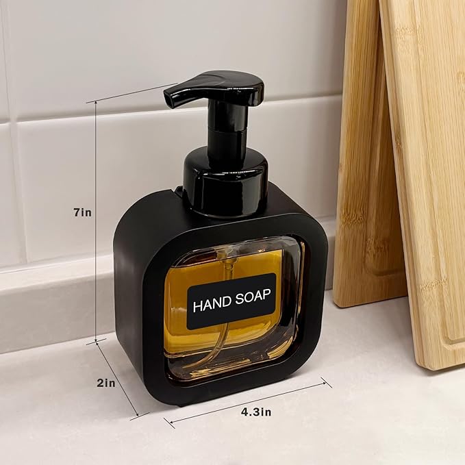 Foaming Soap Dispenser, 300ml (10oz) Plastic Refillable Foaming Hand Soap Dispenser with 8 Pcs Waterproof Labels, Foam Pump Bottle for Bathroom and Kitchen (Black)