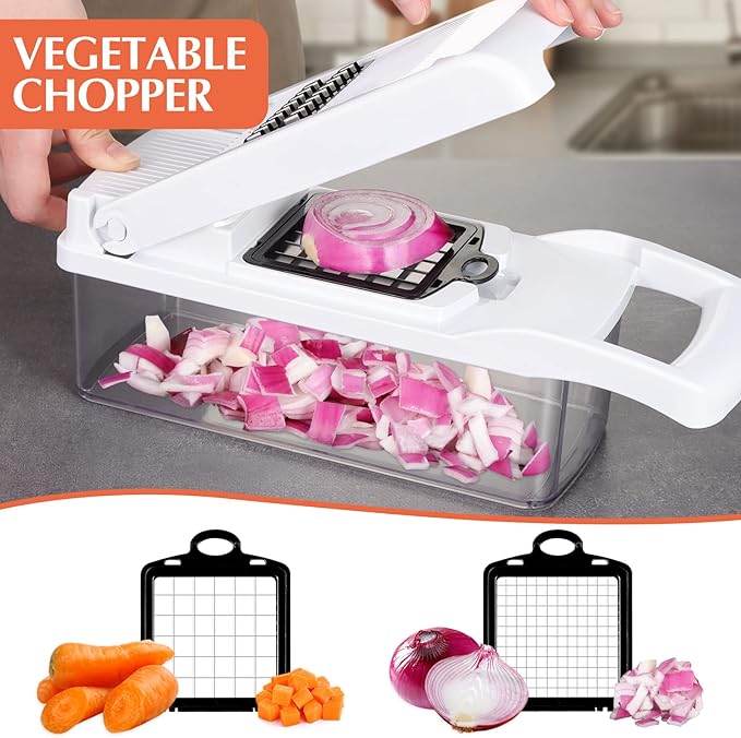 KEOUKE Vegetable Chopper Mandoline Slicer Pro - 16 in 1 Interchangeable Blades Food Chopper with Container, Hand Guard & Drainer, Veggie Dicer Spiralizer Kitchen Gadget for Onion, Cucumber, Fruit