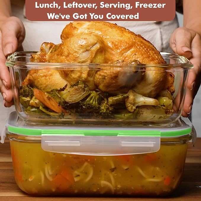 Razab 4 PC 1860ml / 63 Oz / 8 Cups Large Glass Food Storage Containers with Lids - Glass Meal Prep Containers for Roasting & Storing Leftover