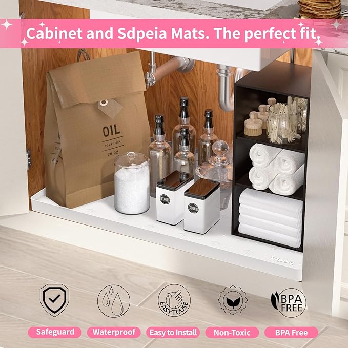 Sdpeia Under Sink Mat 31"×22" Waterproof Silicone Cabinet Liner & Sink Protector for Kitchen & Bathroom, Multi-Purpose Organizers Tray for Pets, Laundry, Cat Litter Mat, White
