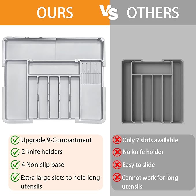 Silverware Drawer Organizer for Kitchen, Adjustable Utensil Drawer Organizer with 2 Knife Block, BPA Free Flatware and Cutlery Holder, Expandable Plastic Storage for Spoons Forks Knives(Grey)