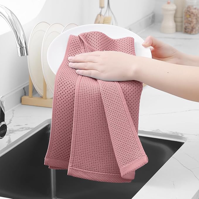 Homaxy 100% Cotton Waffle Weave Kitchen Dish Towels, Ultra Soft Absorbent Quick Drying Cleaning Towel, 13 x 28 Inches, 8-Pack, Dried Rose