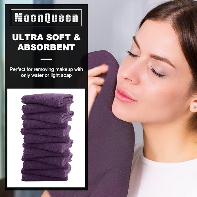 MOONQUEEN Microfiber Facial Cloths Fast Drying Washcloth 12 Pack - Premium Soft Makeup Remover Cloths - Grape Purple