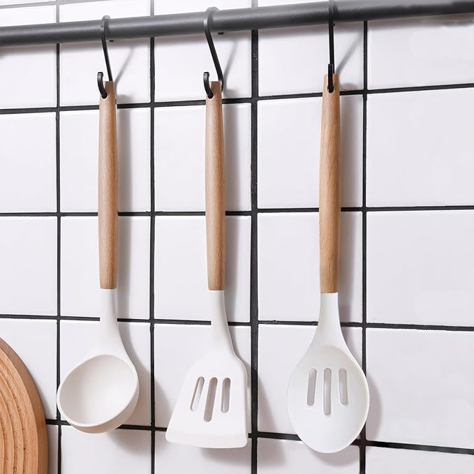 Silicone Kitchen Utensils Set of 5, Cooking Utensil Set with Heat Resistant Wooden Handle Non-Stick Silicone Spatula Spoon Turner Ladle, BPA FREE Cooking Kitchen Gadgets for Cookware & Baking