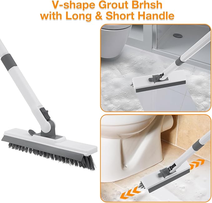 4 in 1 Shower Scrubber Cleaning Brush, Tub and Tile Scrubber with Long Handle, Grout Brush Stiff Bristles Scrub Sponge Brushes Microfiber Pad, for Toilet Bathroom Kitchen Wall Floor Glass Bathtub Sink
