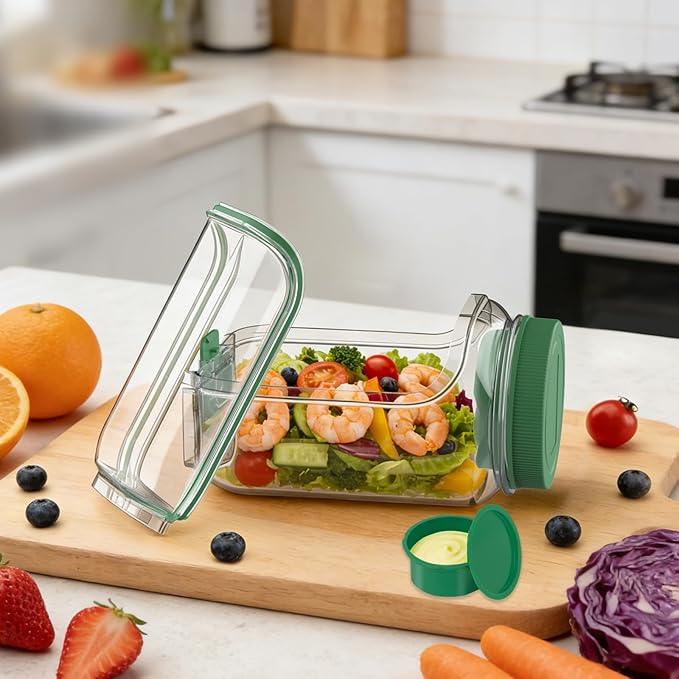 Side-Opening Mason Salad Jar, Portable 1000ml Salad Container with Leakproof Dressing Cup, Includes Spoon and Cleaning Brush, Perfect for Meal Prep, Gym, Office, Picnic and Travel (1 Pac)