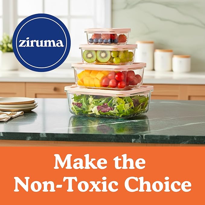 Ziruma Non-Toxic 1.5 cup Glass Food Storage Containers with Lids - Overnight Oats, Plastic Free Meal Prep, Reusable, Airtight, Microwave and Freezer Safe, 4 Pack