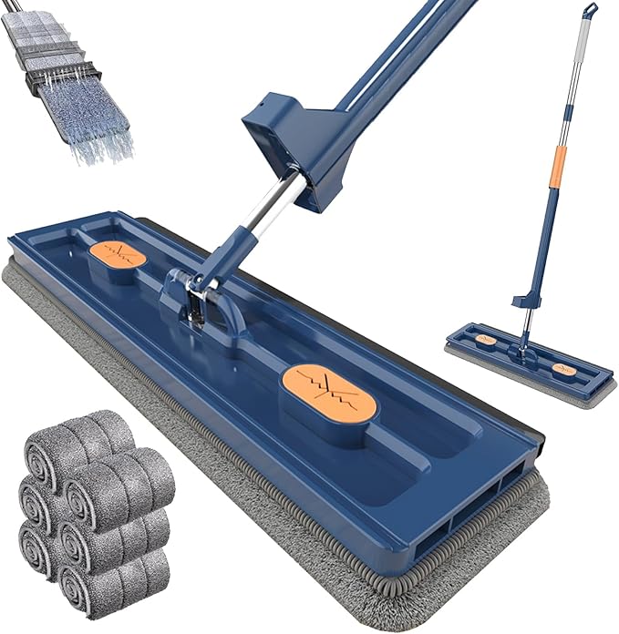 Large Flat Mop, 360° Magic Mop Flat Mop and Bucket System with Dewatering Scraper,2023 Large Flat Mop, Wet and Dry Use, Floor Mop Set for Hardwood Laminate Tiles,White, Blue