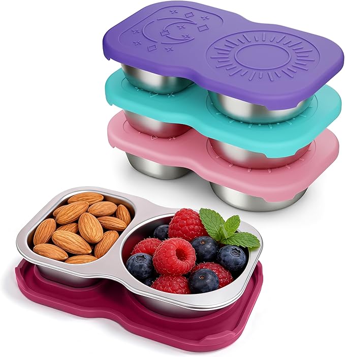 QCQHDU Snack Containers, 2-Compartment Small Stainless Steel Reusable Snack Boxes for Portion Control, Meal Prep Lunch Food Sauce Storage Lunchable Accessories Salad Dressing Containers to Go, 4 Pack