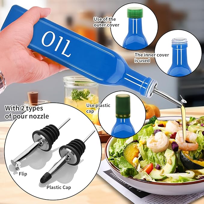Olive Oil Dispenser Bottle,2 Pcs 17oz 500ml Glass O il and Vinegar Dispenser Set with 2 Stainless Steel Pourers, 8 Labels,Funnel Vinegar Bottles for Kitchen (Blue)