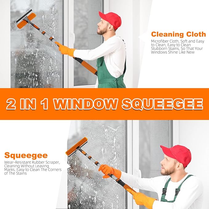 SISUPASSIE 30FT Reach 2-in-1 Window Squeegee, Professional Window Washing Kit with 5-24FT Extension Pole for Home