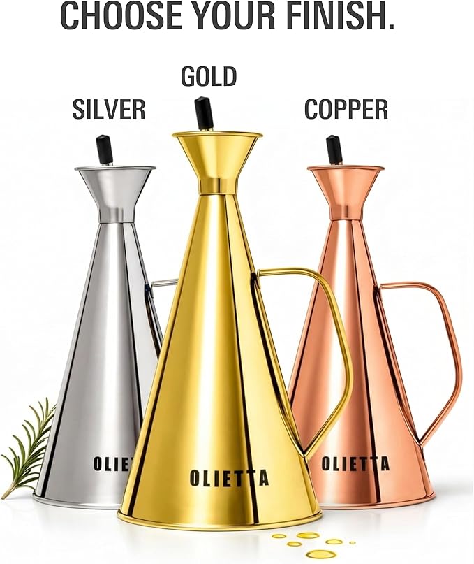 Olietta Olive Oil Dispenser Bottle Gold Stainless Steel Non Drip Leak Proof No Mess Vinegar Pourer & Kitchen Drizzler 8.5 oz 250ML 0.25 Litre Great for Pouring & Drizzling Easy to Clean & Leakproof