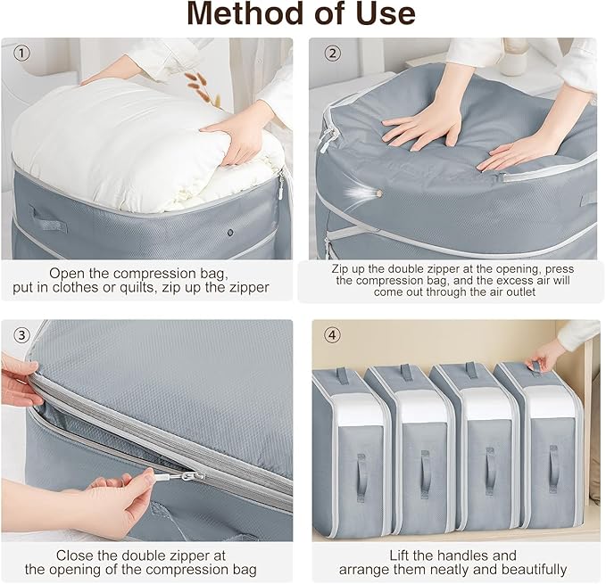 DIMJ Comforter Storage Bag - 110L Ultra Space Saving Self Compression Organize 4 Pack for Duvet, Pillow, Bedding