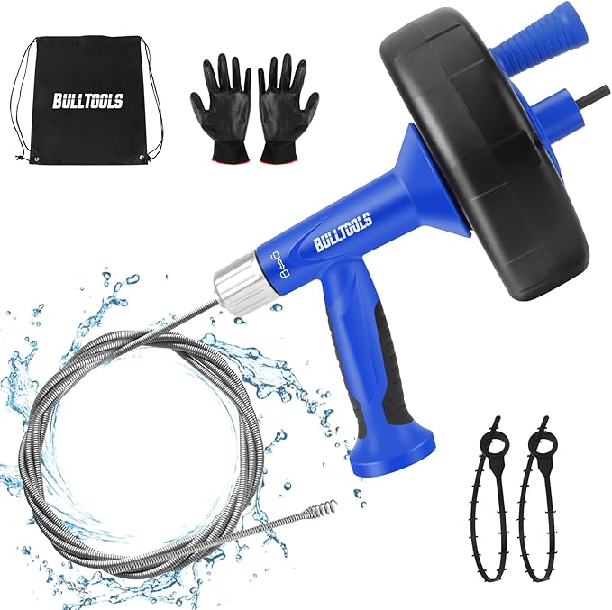BULLTOOLS Drain Auger, 25FT Drain Clog Remover with Drill Adapter, Flexible Snake Drain Hair Removal Tool for Kitchen Sink, Bathtub, and Shower Comes with Gloves and Storage Bag