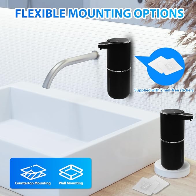 2 Pack Automatic Soap Dispenser,12.8oz/380ml USB Rechargeable 4 Level Adjustable Electric Hand Soap Dispenser for Bathroom,Kitchen,Hotel,Restaurant(Black)