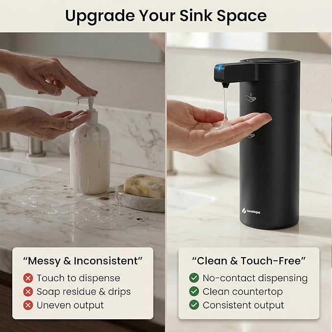 GentleJet SmoothDrop Automatic Liquid Soap Dispenser – Touchless, No-Drip Precision Pump, USB-C Rechargeable, 304 Stainless Steel, Waterproof Countertop Dispenser for Kitchen & Bathroom Sink, 270 ml