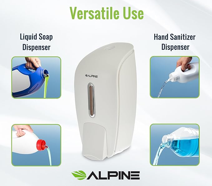 Alpine Manual Soap Dispenser Wall Mount - Commercial Soap Dispenser Wall Mounted for Liquid Soap & Hand Sanitizer in Bathroom, Kitchen, Refillable Large 800 ml Capacity (White)