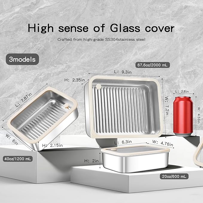 GIUOIDUO 3-Piece Extra Thick 304 Stainless Steel Food Storage Containers with Non-Stick Bottom, Airtight Glass Lids & Silicone Seal