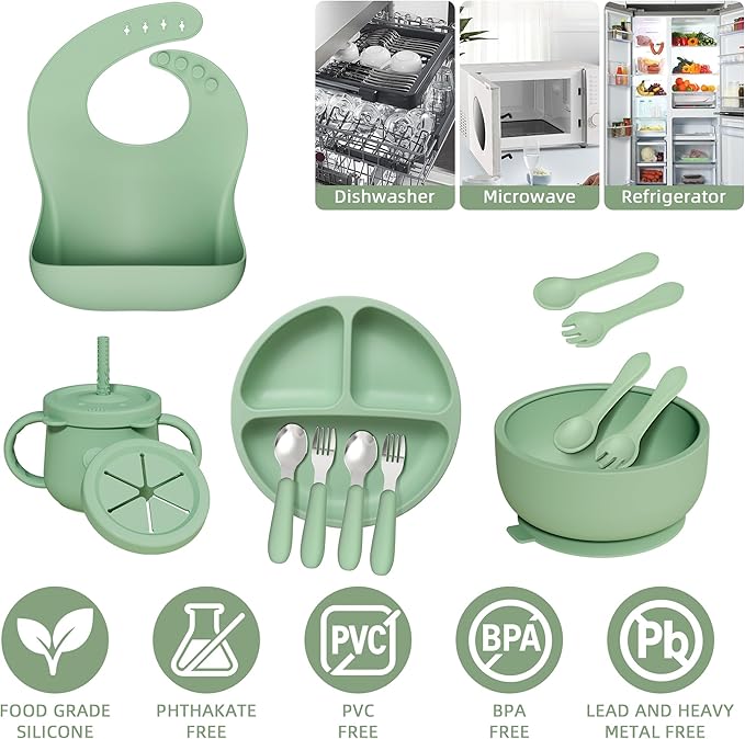 13 Pack Silicone Baby Feeding Set, BPA-Free Baby LED Weaning Supplies, Include Suction Plates, Bowls, Silicone and Stainless Steels Fork & Spoon, First Stage Infant Food Eating Utensils - 6+ Months