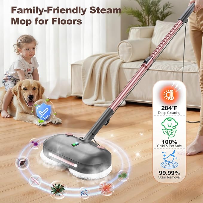 Scrubbing Steam Mop with Rotating Pads, Spin Steam Cleaner for Floor Cleaning,Large Tank,23FT Cord, LED Headlights,Reusable Pads & Self-Standing,Safe for Hard Floor/Laminate/Marble