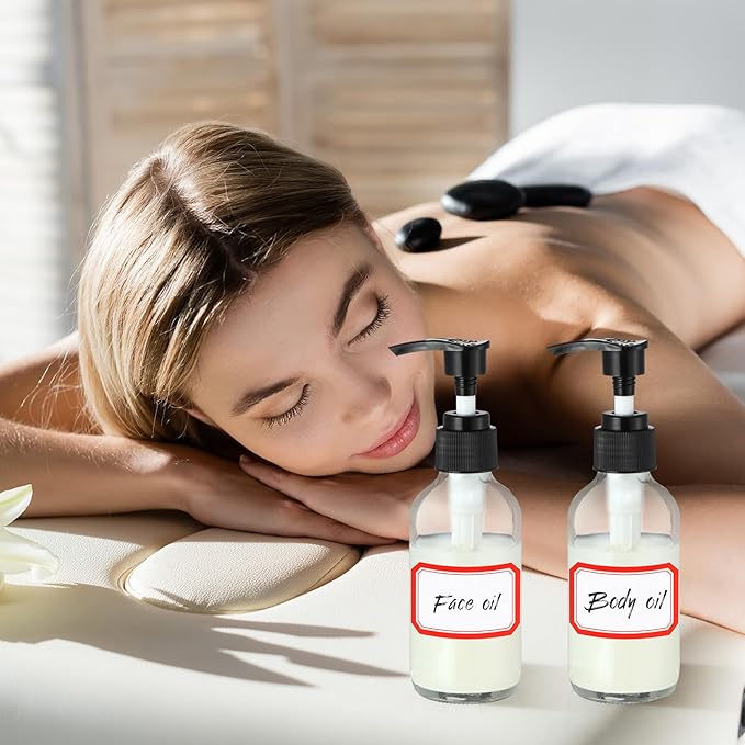 Fumete 2 Pack Glass Bottles 4oz Empty Refillable Liquid Containers with 1 Label 1 Funnel for Essential Oils Hair Travel Plants Cleaning Skin Care(Clear, Black Top,Pump Bottle)