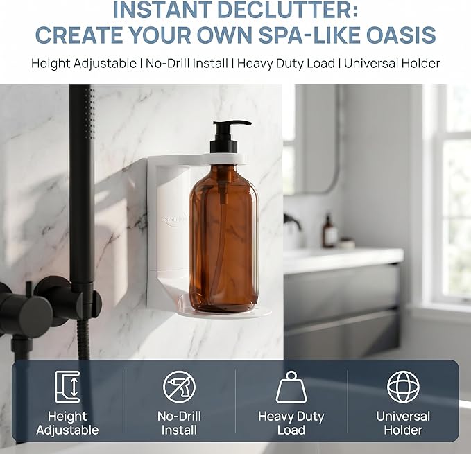 Single Bottle Wall Mount Bracket with Adhesive Pads - 11 Lbs Heavy Duty No Drill Soap Dispenser Holder for Bathroom & Kitchen - Rustproof, Floating Design for Shampoo/Lotion