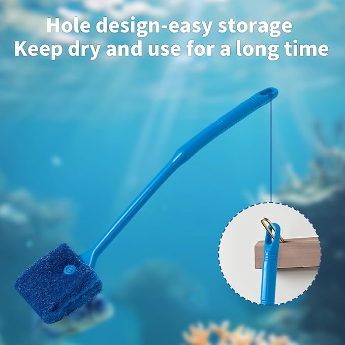 SLSON Aquarium Algae Scraper Double Sided Sponge Brush Cleaner Long Handle Fish Tank Scrubber for Glass Aquariums and Home Kitchen,15.4 inches (1)