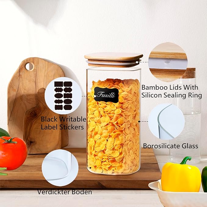 VIEWELLD 1.6 Qt Glass Storage Containers (Set of 3) - Noodles, Flour, Coffee Beans