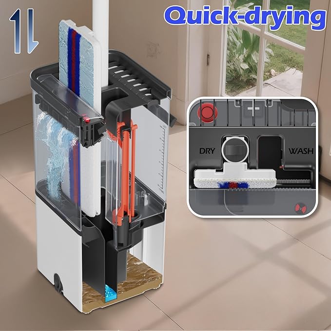 Mop and Bucket Set | Quick Cleaning Tool | Separate Dirty and Clean Water | 2 Machine Washable Microfiber Mop Pad | Mops for Floor Cleaning Safe on Wood Floors, Vinyl, Tile