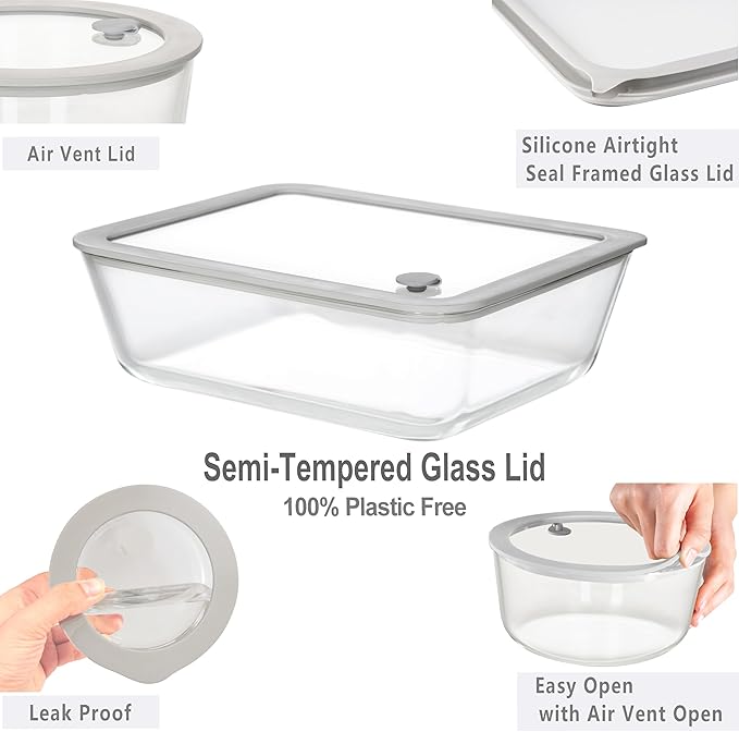 Glass Food Containers with Glass Lid, Microwave Safe Food Storage Container Set, 3 Pack, Square Shape, Food Containers with Lids