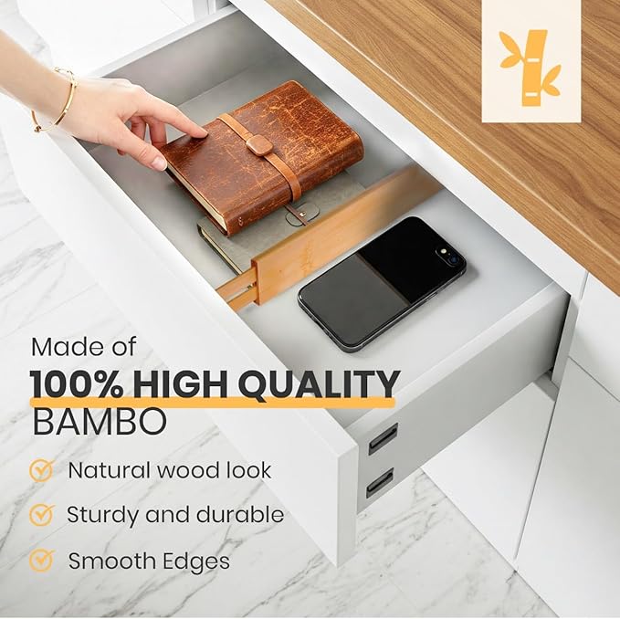 Adjustable Bamboo Drawer Dividers, Drawer Organizer for Kitchen, Bedroom