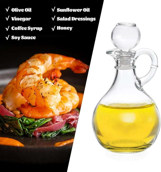 BSTKEY Set of 2 Olive Oil Dispenser Bottle with Stopper, Elegant Style Round Glass Cruet Bottles for Kitchen, 310ml Oil Dispenser Spout Container for Syrup Olive Vinegar
