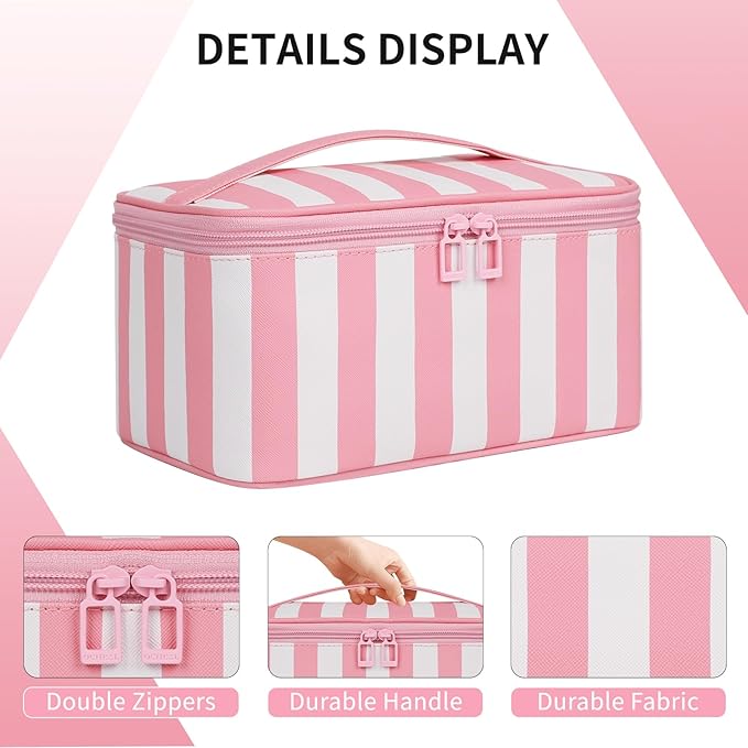 OCHEAL Makeup Bag,Travel Makeup Organizer Bag, Large Capacity Cosmetic Bags For Women Large Travel Toiletry Bag Girls Traveling With Brush Slot And Divider-Stripes Pink