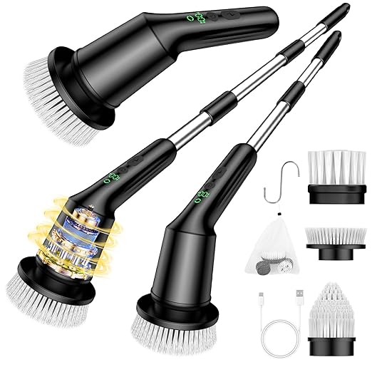 Electric Spin Scrubber for Cleaning Bathroom, Shower Scrubber Rotary Floor Brushes with IPX7 Waterproof & 2 Speed, 3 Brush Heads, Bathroom Cleaning Supplies for Toilet Shower Tub Sooty
