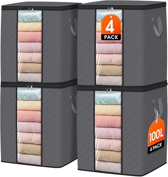 4 Pack 100L Clothes Storage, Foldable Thick Fabric Blanket Storage Bags