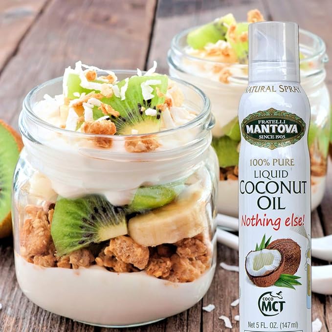 Mantova Coconut Oil Spray, 100% Pure Cooking Oil, Ideal for Healthy Keto Snacks, Baking, Grilling, and Seasoning - Versatile Dispenser for Spray, Drip, or Stream with No Waste, 5 oz