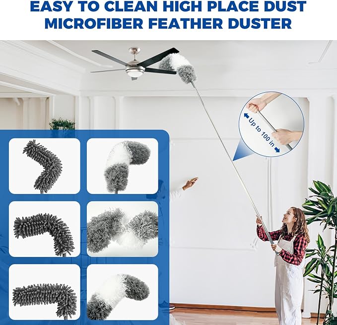 9Pcs Dusters for Cleaning Kit, Extendable Microfiber Duster Tools with 100" Long Pole, Retractable Gap Bendable Dust Cleaner