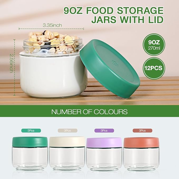 Hoa Kinh 9oz 12Pack Overnight Oats Jars with Lids, Leak Proof Small Jars for Overnight Oats, Cereal, Clear Empty Glass Jar with Lids for Kitchen(Red