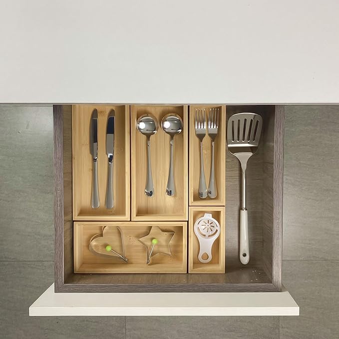 Bamboo drawer organizer Set, Expandable drawer dividers, 1 X 5PCS Natural