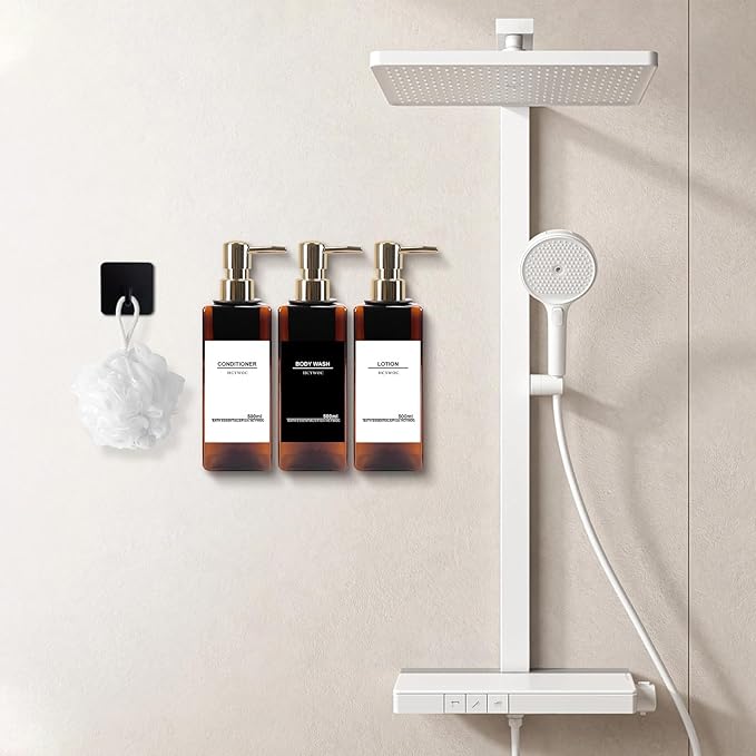 Shampoo Dispenser for Shower Wall, Shampoo and Conditioner Dispenser with 16 Waterproof Labels, No Drill Shower Soap Dispenser Bathroom, Shower Soap Dispenser Wall Mounted 3 Chamber, 17oz, Gold Amber