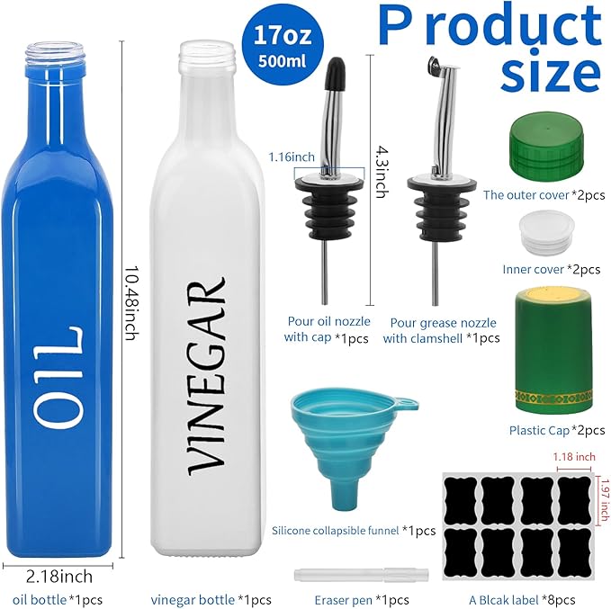 Olive Oil Dispenser Bottle,2 Pcs 17oz 500ml Glass O il and Vinegar Dispenser Set with 2 Stainless Steel Pourers, 8 Labels,Funnel Vinegar Bottles for Kitchen (Blue Oil & White Vinegar)