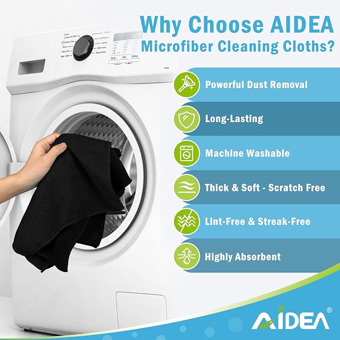 AIDEA Microfiber Cleaning Cloth 100PK, Soft Microfiber Towels for Cars, Absorbent Cleaning Rags, Lint-Free Streak-Free Wash Cloths for House, Kitchen, Window(12inx12in), Black
